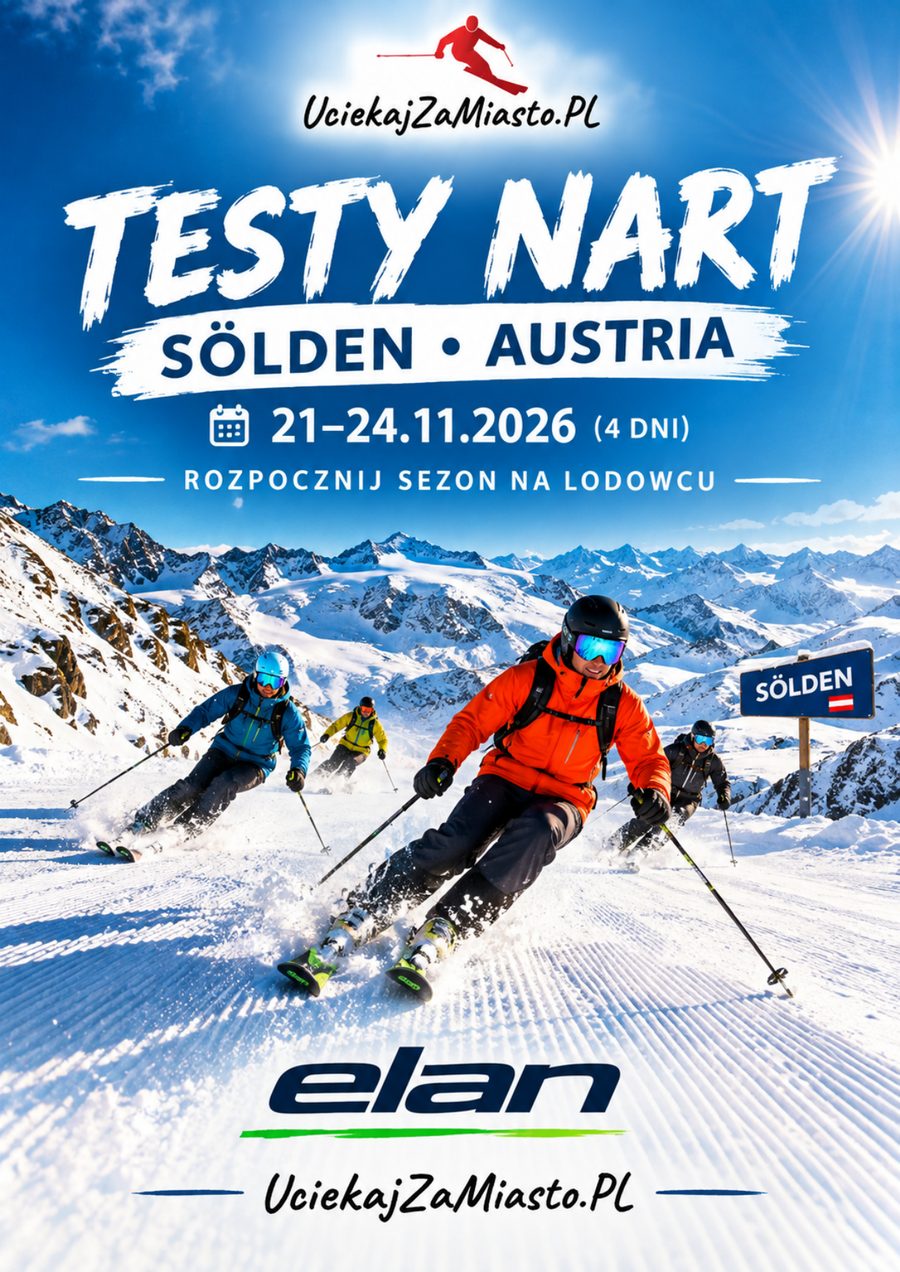 Plakat: testy nart ELAN na lodowcu Sölden, Austria, 21–24.11.2026 (4 dni). Rozpocznij sezon na lodowcu.
